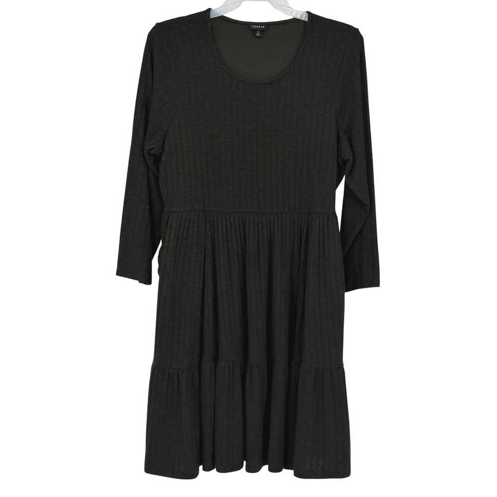 Torrid Size 2 18/20 Olive Ribbed Knit Tiered Midi Dress Long Sleeve Pockets